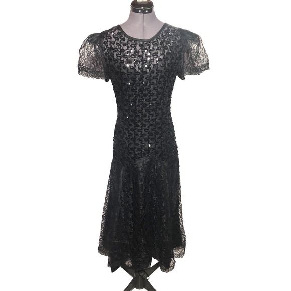Night Moves Dresses & Skirts - Vtg 90s Goth Lace Sequin Dress Black Whimsygoth Witchy 39-33-39 DAMAGED/STAIND L